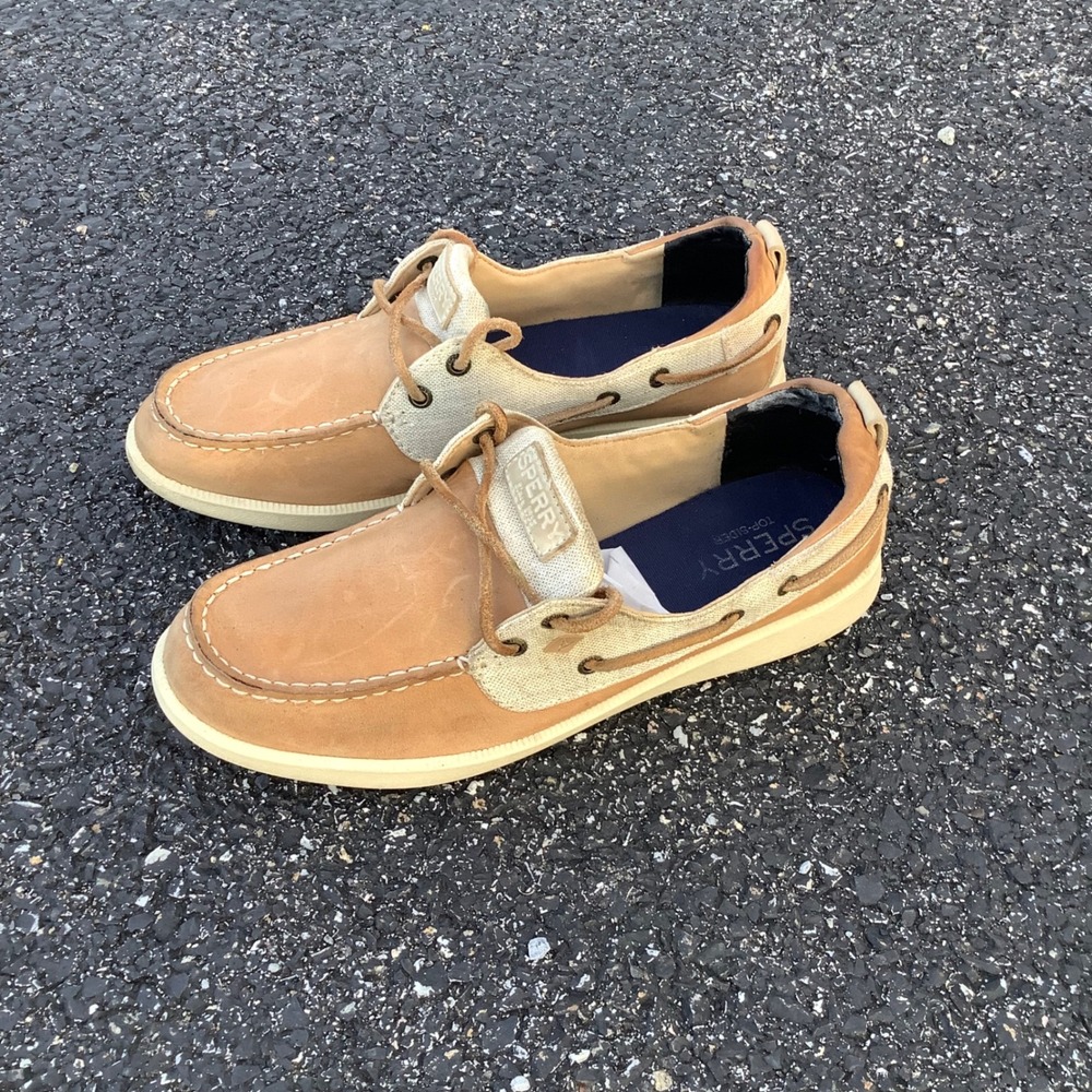 Sperry Top-Sider Womens Boat Shoes Tan Leather Canvas STS81857 Size 8.5